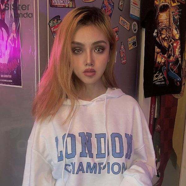 

letter printed white long sleeve womens sweatshirt with hood cropped drawstring pullovers, Black