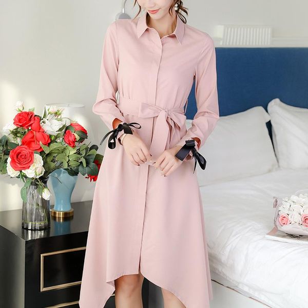 

casual dresses dress spring lapel long sleeve button irregular princess korean fashion bow tie waist blue, Black;gray