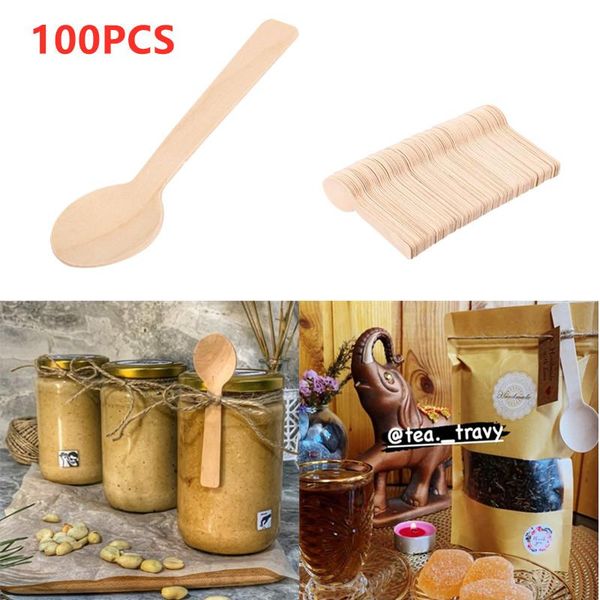 

disposable flatware 100pcs wood small spoon smooth mini wooden dessert scoop western yogurt for wedding party tableware