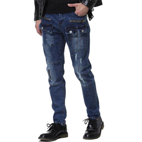 

autumn men's hole jeans cotton multi-pocket denim trousers size29-40, Blue