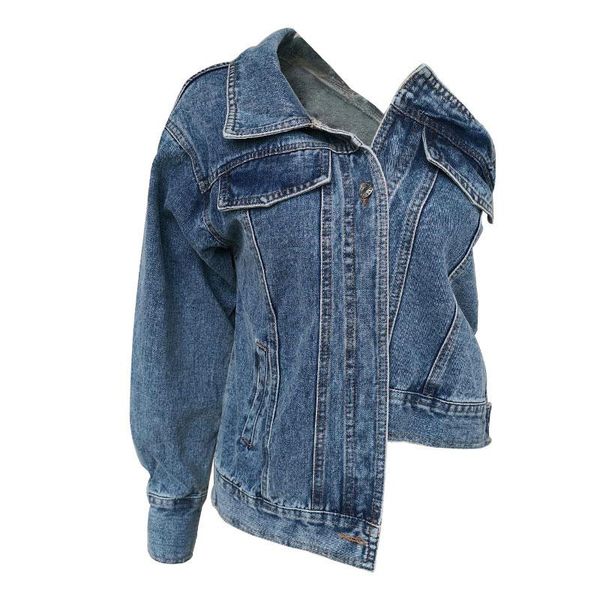 

women's jackets casual one shoulder denim jacket for women lapel long sleeve button side split coat female fashion summer 2021, Black;brown