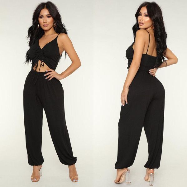

women's jumpsuits & rompers 2021 women jumpsuit retro solid color playsuits romper sleeveless lace up bandage ladies fitness clothes lo, Black;white
