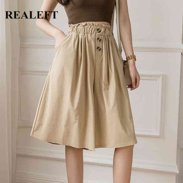 

summer women's wide leg pants buttons high waist half female pockets casual loose korean style trousers 210428, Black;white