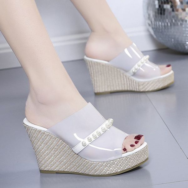 

slippers lucyever pearl chunky wedges women fashion pvc peep toe platform high heel sandals mujer summer party shoes slides n, Black