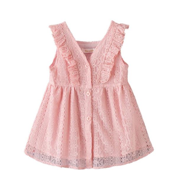 

kids girls hollow out princess dress ruffled sleeve v-neck one-piece solid color girl's dresses, Red;yellow