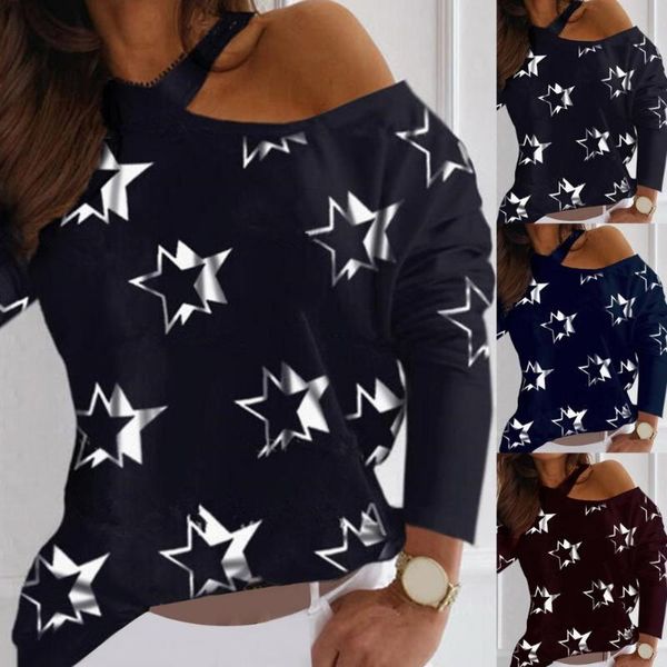 

women's t-shirt 2021 off shoulder women casual t shirt long sleeve stars print party spring autumn ladies tee black, White