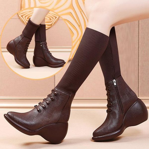 

boots 2021 autumn winter warm wool tube high heel slope short zipper, Black