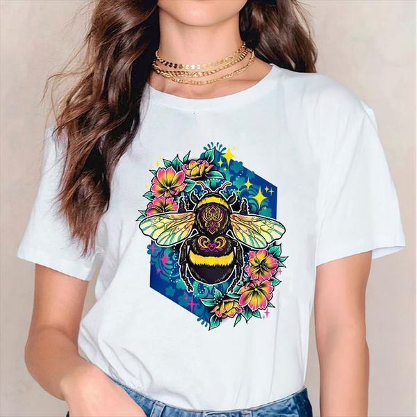 

print bee watercolor flower printing womens summer autumn graphic female tee, White