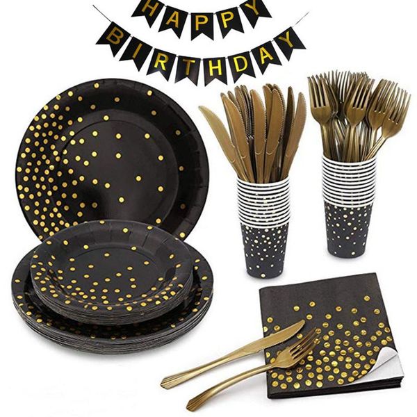 

disposable dinnerware thickening party tableware set gilding black round dot plate straws birthday decor kid baby supplie
