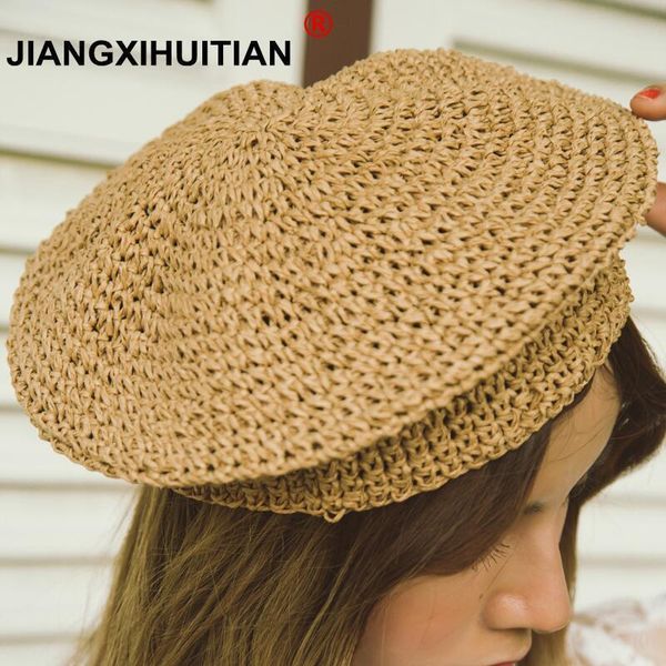 

berets beige raffia sun hat straw women summer casual elegant ladies beret french style fashionable spring vintage painters, Blue;gray