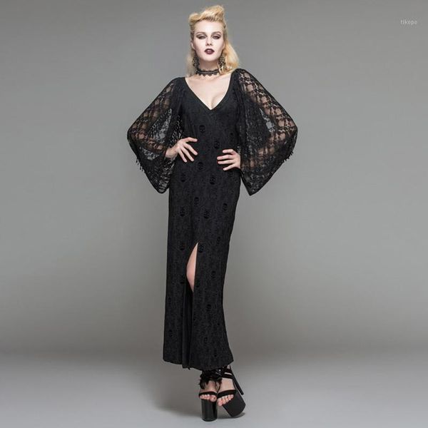 

casual dresses devil fashion gothic women deep v-neck long dress visual kei steampunk dark tassel sleeve draped1, Black;gray