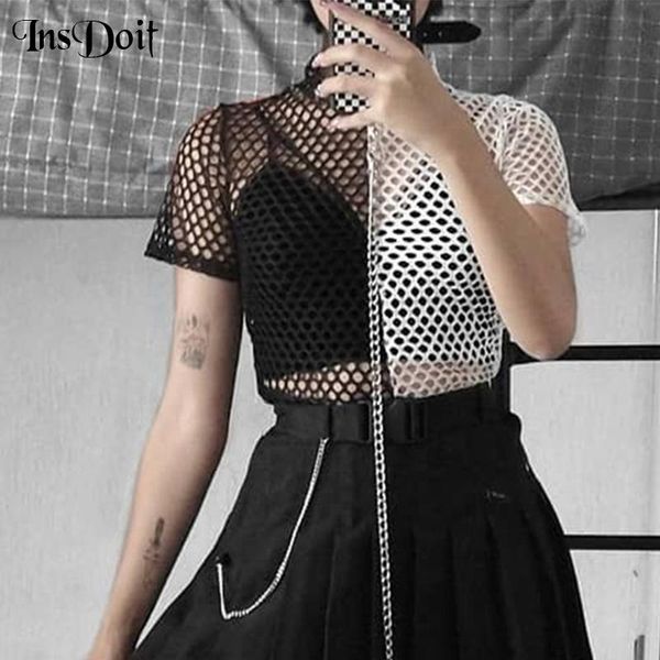 

women's t-shirt insdoit mall gothic summer t shirt women harajuku short sleeve crop streetwear patchwork punk see through fashion, White