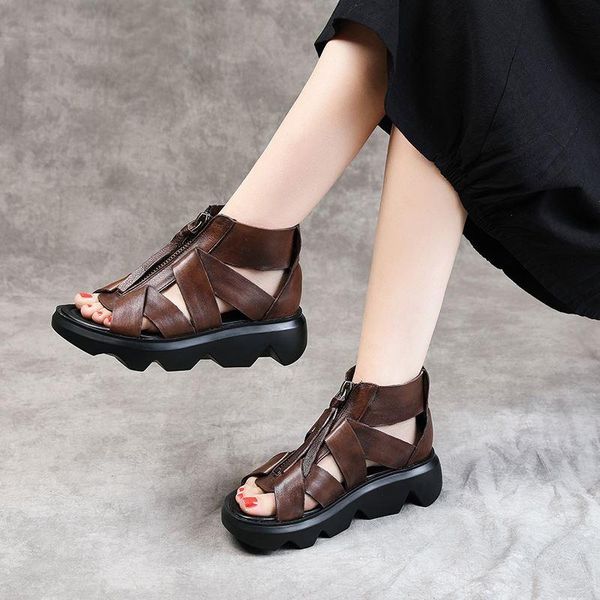 

fashion women gladiator sandals summer shoes woman wedges platform retro genuine leather front zipper casual sandalias dress, Black