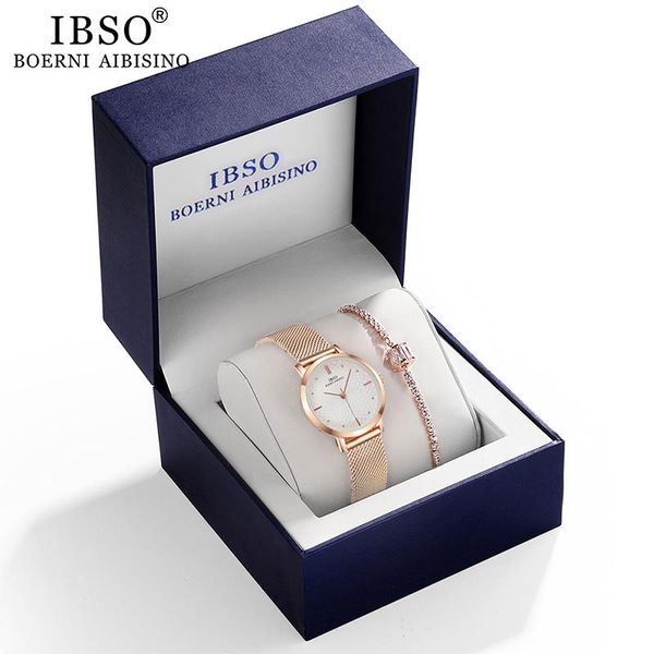 

wristwatches ibso women quartz watch set crystal design bracelet sets female jewelry fashion rose gold lady's gift drop ship, Slivery;brown