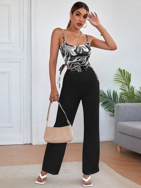 

tie side cami with pants d3nj#, White