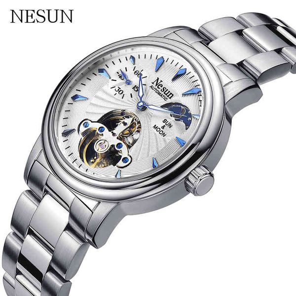 

nesun luxe brand full steel hollow automatic mechanical pole wars men waterproof clocks relogio masculino, Slivery;brown