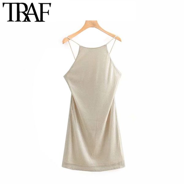 TRAF Women Vintage Sexy Backless Lantejoulas Mini Vestido Moda Sem Mangha Spaghetti Strap Feminino Party Vestidos Vestidos Mujer 210415