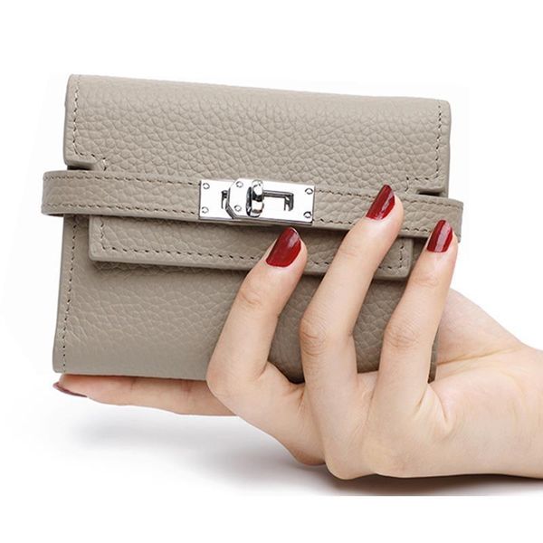 

womens folding genuine leather allet ladies lock catch short purse clutches card holder, Red;black