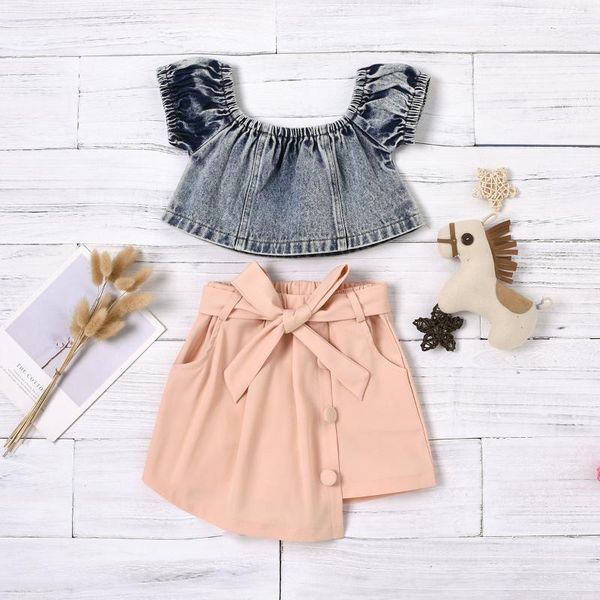 

clothing sets pudcoco toddler baby girl clothes short sleeves round neck bowknot irregular patchwork skirt like shorts 2pcs denim suit, White