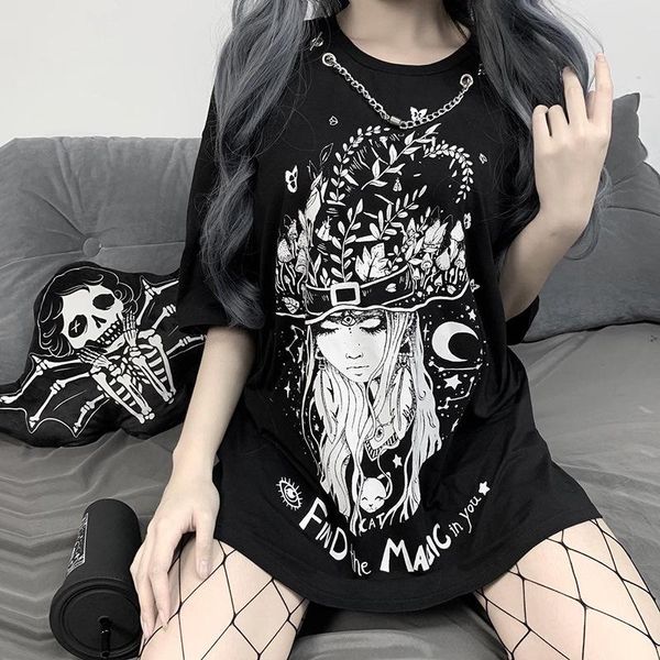 

women's t-shirt black dark goth woman long t-shirts eyelet chains hipster tshirt gothic punk cool basic dress print 2021 lady witch car, White