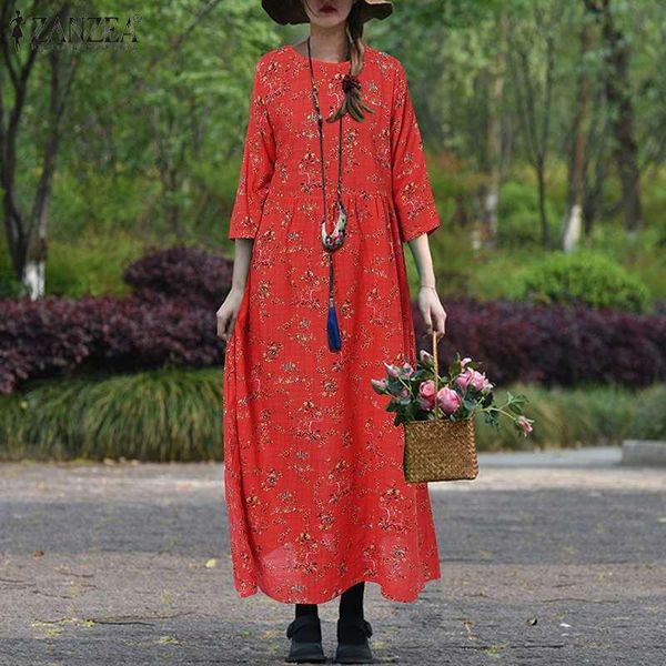 

bohemia female robe women spring floral printed sundress zanzea casual holiday three quarter sleeve dress vintage baggy vestidos dresses, Black;gray