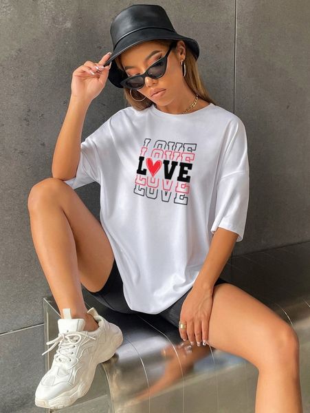 

letter & heart print drop shoulder tee m8l3#, White