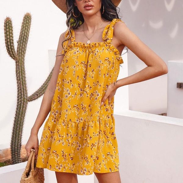 

casual dresses women summer tie up spaghetti strap backless flowy mini dress boho floral print ruffle flared hem loose yellow sundress, Black;gray