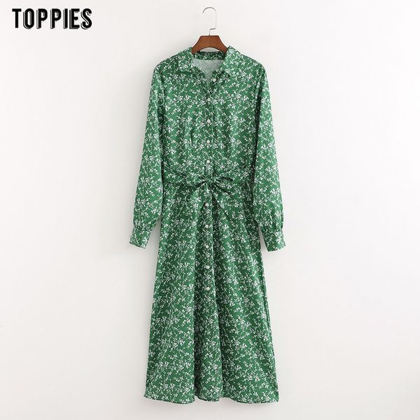 Toppies novas mulheres camisas verdes vestido manga comprida com cinto impressão camisa gola senhoras blusas vestido estilo coreano 210412