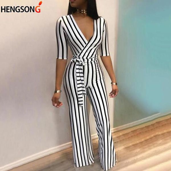 

women's jumpsuits & rompers 2021 summer jumpsuit for women half sleeve striped bodysuit with sashes v-neck overalls fashion office lady, Black;white