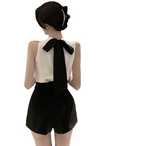 

women's tracksuits hepburn style bow back vest sleeveless + high waist wide leg shorts two-piece short sets summer women outfit blusa, Gray