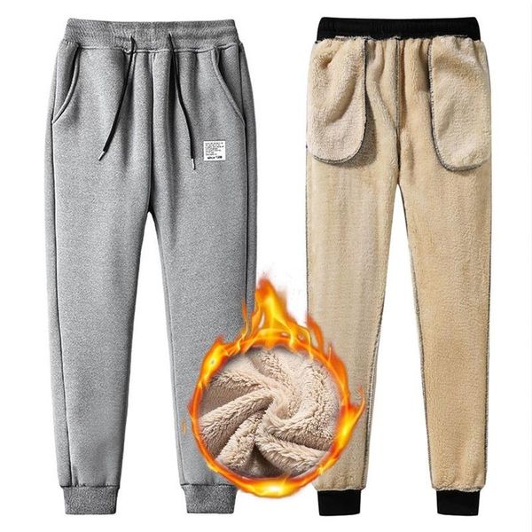 

men's pants men casual thicken joggers plain color drawstring warm fleece lined winter fashion plus size, Black