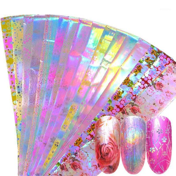

16pcs holographic nail foil set mix flower design transfer polish stickers art decoration slider decals ji7461, Black