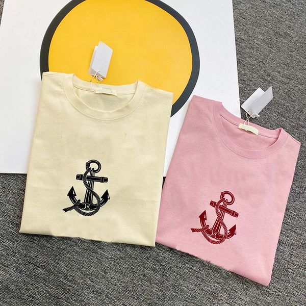 

luxury design summer basic sweet flocking letter anchor print round neck t-shirt women's simple short sleeve, White