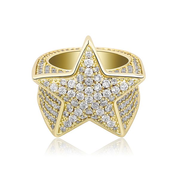 

mens rings fashion exquisite 18k gold rhodium plated five-point star hip hop rings luxury bling zircon cluster rings, Golden;silver