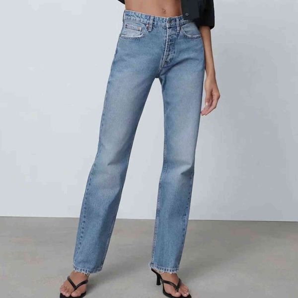 ZA Damen Hellblaue Boyfriend-Jeans mit geradem Bein, verwaschen, in voller Länge, mittlere Taille, Mom-Denim-Hose, Tasche, vielseitige Hose 211129