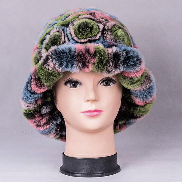 

stingy brim hats handmade russian women's real rex fur fedoras female winter warm caps headgear lf4288, Blue;gray