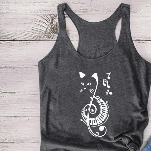 

womens tank casual musical note cat print tanks women clothes summer sleeveless loose harajuku verano mujer, White