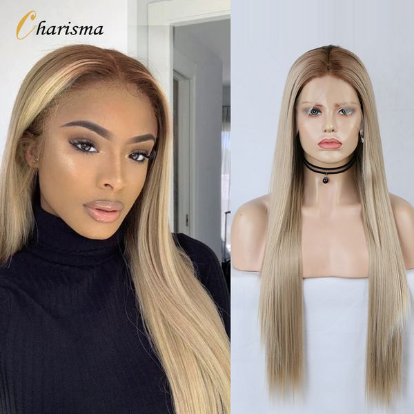 

costume accessories long straight synehtic lace front wig middle part ombre blonde wig with brown roots t-part wigs for women, Silver