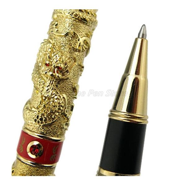 

ballpoint pens jinhao gold and red metal double dragon playing pearl carving embossing roller ball pen professional office stationery writin, Blue;orange