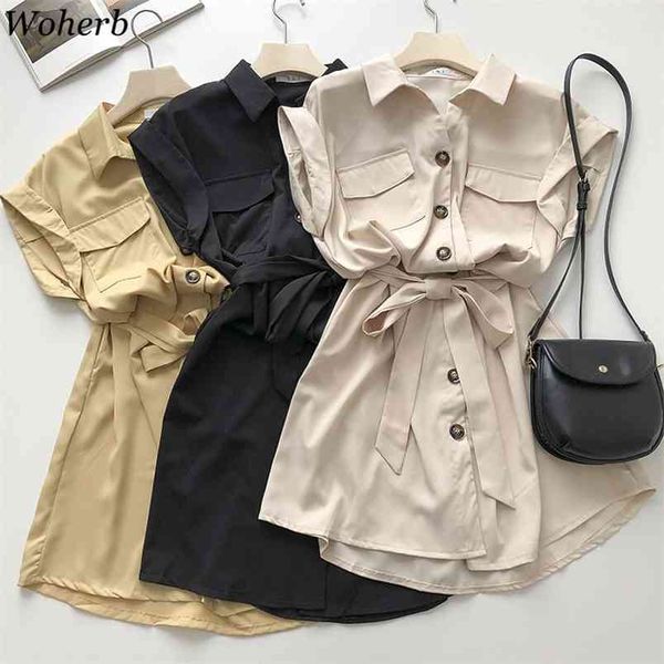 Casual Mulheres Vestido Verão Coreano Moda Robe Desligado Collar Sem Mangas Vestidos Bandage Único Breasted Mini Vestidos 210519