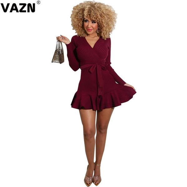 

casual dresses vazn 2021 autumn sweet little chap young style solid deep v-neck full sleeve high waist women thin a-line mini dress, Black;gray