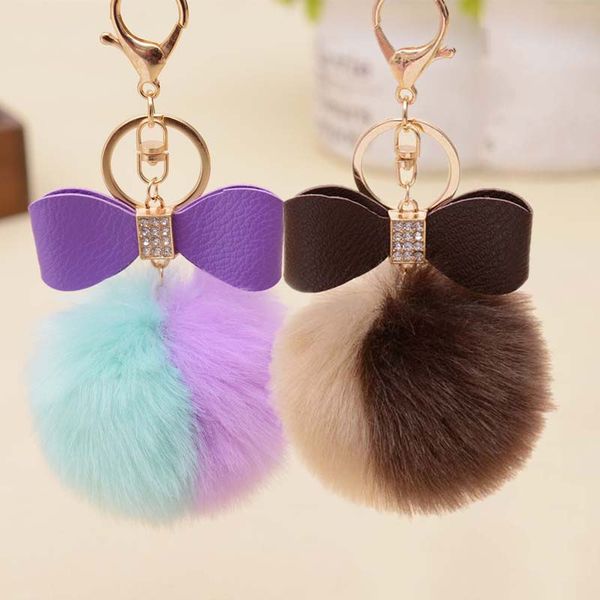 

fluffy pom pom keychains faux rabbit fur rhinestone key chain rings bow-knot pompom keyring holder women car charm bag gifts, Slivery;golden