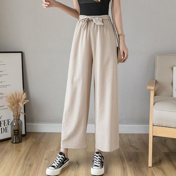 

female summer bow tie strawstring cotton linen wide leg pants women loose elastic waist ankle-length straight women's & capris, Black;white