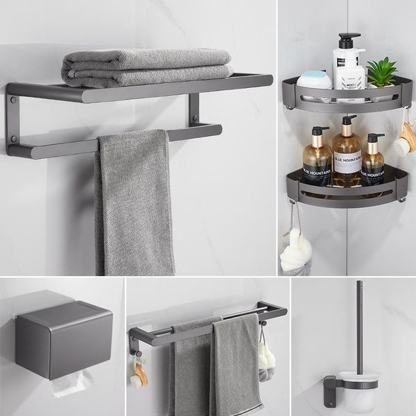 

bath accessory set jazz gray double towel bars bathroom hanger space aluminum accessories rack ring toilet brush