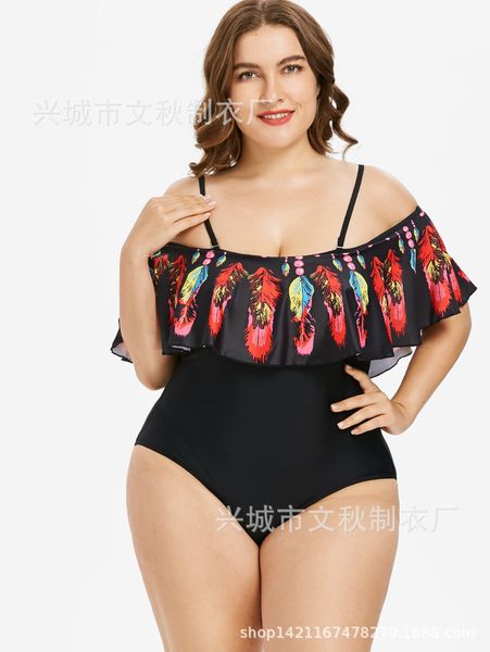 

2021 women' feather shoulder fattening bikini swimsuit, Red;black