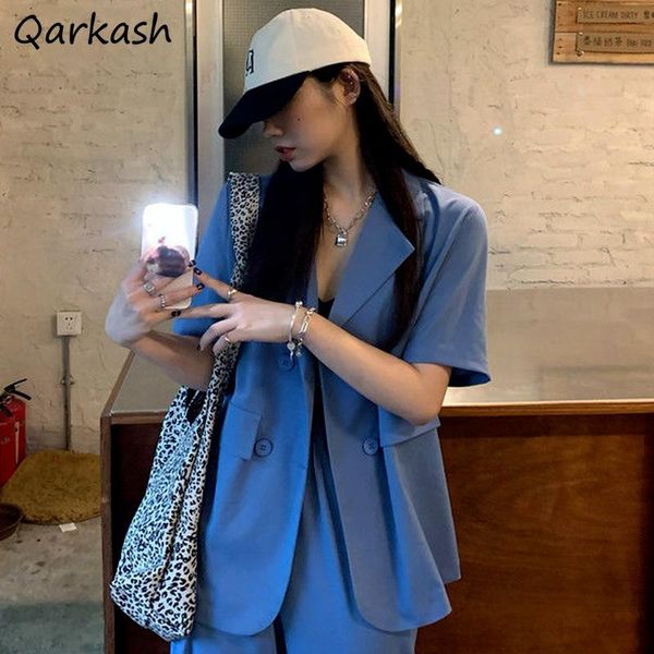 

women's suits & blazers women summer solid color trendy double breasted notched short sleeve loose cool ladies office street thin all, White;black