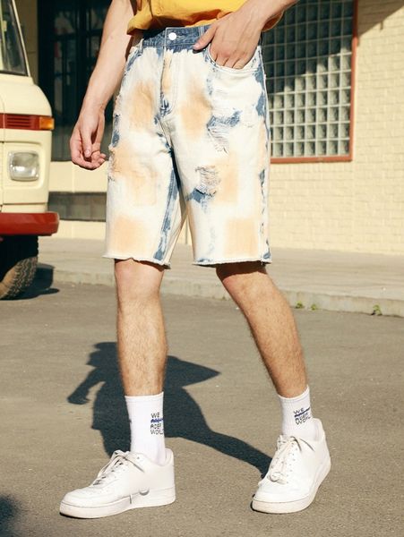 

men colorblock ripped denim shorts q15u#, Blue