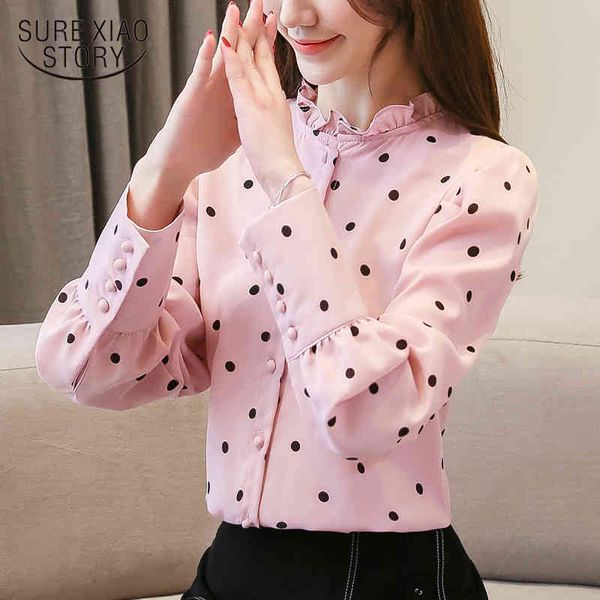 Spring Fashion Standing Collar Dot Pattern Women Office Lady Long Sleeve Shirts Blouse e Top 3076 50 210417
