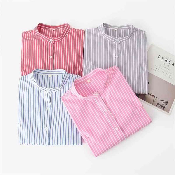 

women blouses spring new simple casual blue red striped long sleeve shirt female stand collar plus size blouse blusas 210410, White