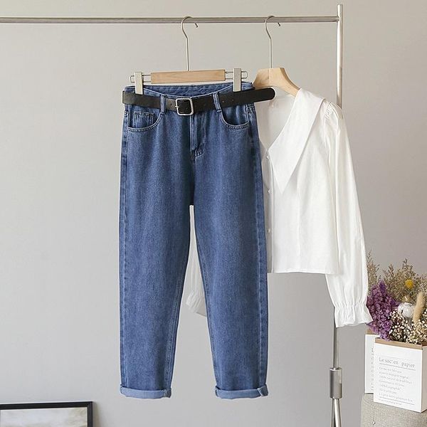 

women's jeans csual high waist with sashes women vintage streetwear 2021 autumn korean style bottom pockets chic female pants, Blue